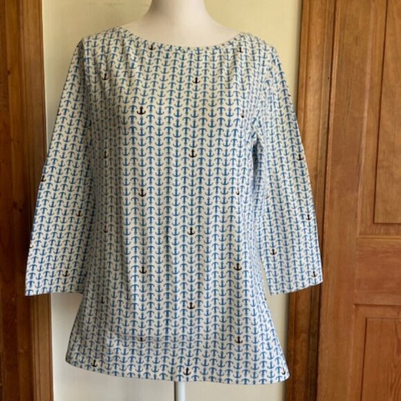 TALBOTS Classic 3/4 Sleeve Tee Shirt Blue Anchor Print - Picture 2 of 14